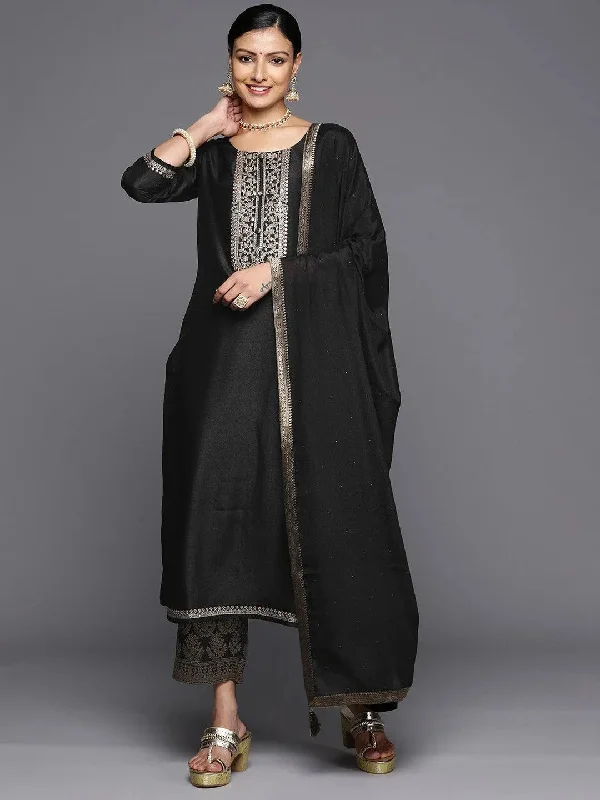 Black Yoke Design Silk Blend Straight Kurta With Trousers & Dupatta Trousers Chinos Classic Black Yoke Design Silk Blend Straight Kurta With Trousers & Dupatta Trousers Chinos Classic
