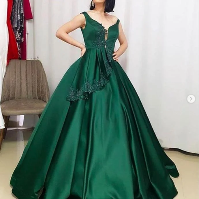 prom dresses 2021 deep v neck lace appliques beading pearls ball gown satin long evening dresses   cg19510