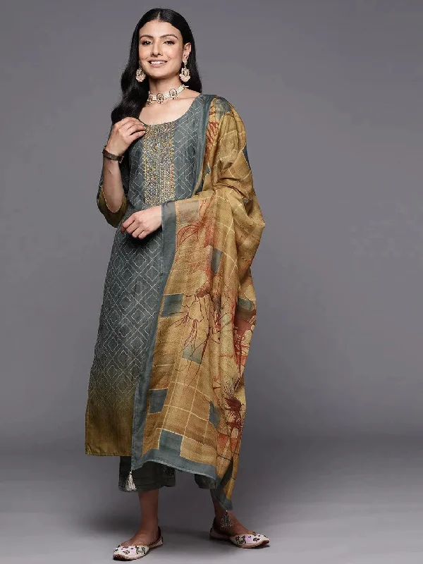 Grey Yoke Design Silk Blend Straight Kurta With Trousers & Dupatta Cropped Trousers Casual Linen Grey Yoke Design Silk Blend Straight Kurta With Trousers & Dupatta Cropped Trousers Casual Linen