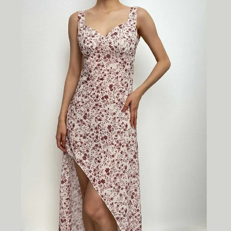 Contrast flower print slit irregular backless midi dress