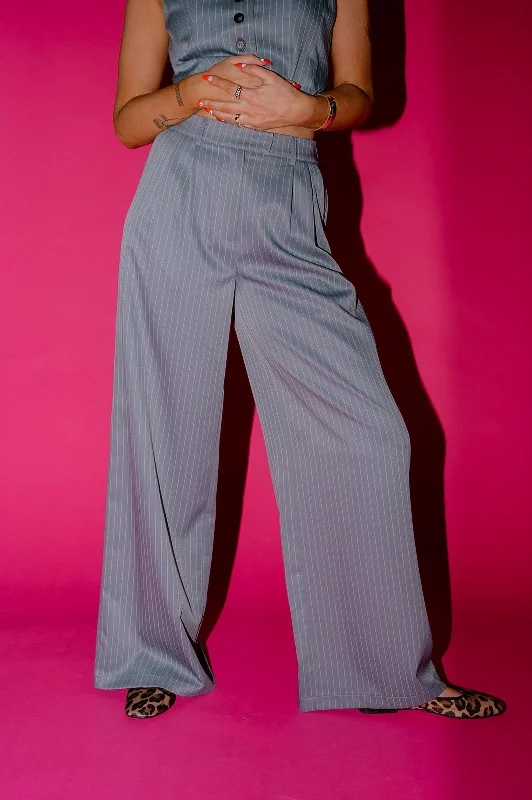 Wide Leg Trousers in Boss B*tch Pinstripe (Grey) Trousers Bootcut Casual