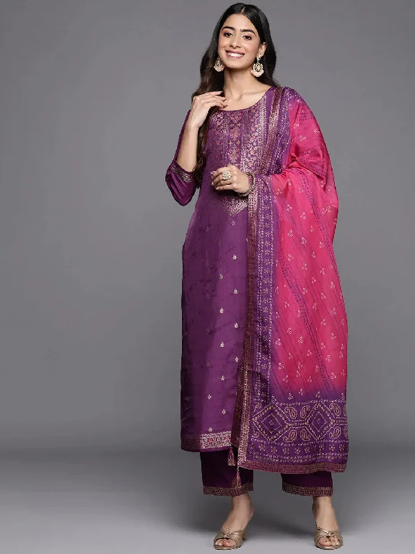 Purple Self Design Silk Blend Straight Kurta With Trousers & Dupatta Trousers cozy soft