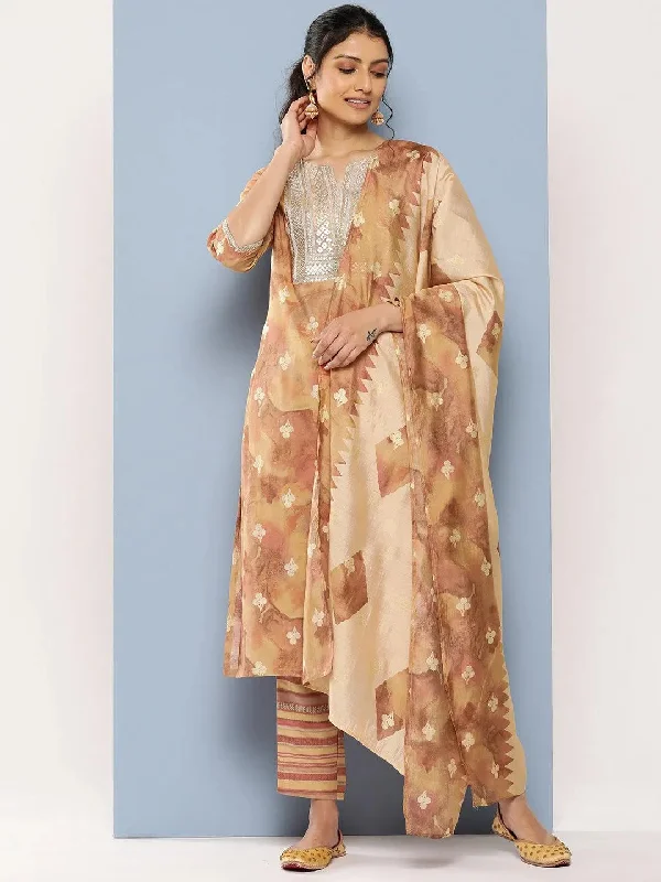 Tan Yoke Design Silk Blend Straight Kurta With Trousers & Dupatta Trousers Harem Relaxed Fit Tan Yoke Design Silk Blend Straight Kurta With Trousers & Dupatta Trousers Harem Relaxed Fit
