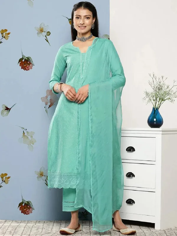 Turquoise Blue Embroidered Cotton Straight Kurta With Trousers & Dupatta Trousers Seasonal Trendy Turquoise Blue Embroidered Cotton Straight Kurta With Trousers & Dupatta Trousers Seasonal Trendy