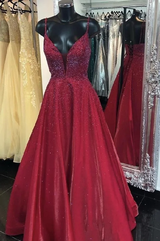 Burgundy satin beads long prom dress evening dress    cg19610