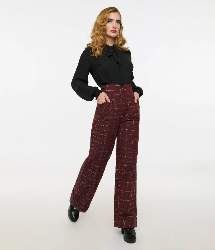 Unique Vintage 1940s Burgundy Windowpane Buttoned Wide Leg Trousers Trousers Silk Elegant Unique Vintage 1940s Burgundy Windowpane Buttoned Wide Leg Trousers Trousers Silk Elegant