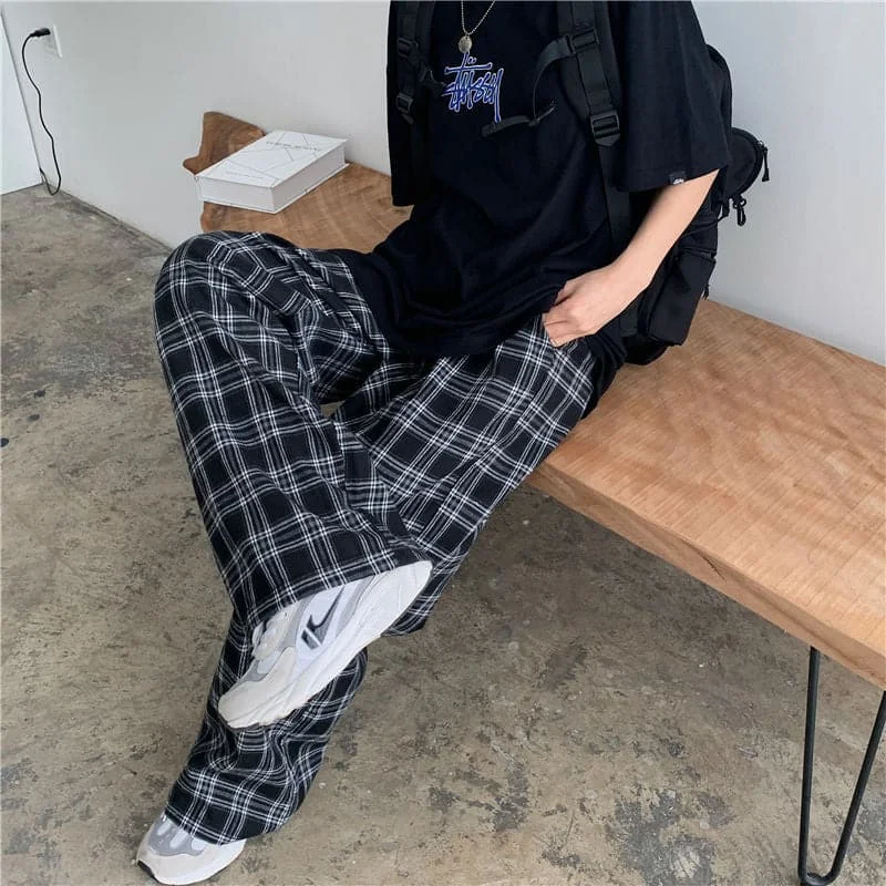 DressBetty - Oversize 3XL Plaid Pants Women Casual Loose Wide Leg Trousers Ins Retro Teens Straight Trousers Hip-hop Unisex Streetwear Trousers sophisticated sleek DressBetty - Oversize 3XL Plaid Pants Women Casual Loose Wide Leg Trousers Ins Retro Teens Straight Trousers Hip-hop Unisex Streetwear Trousers sophisticated sleek