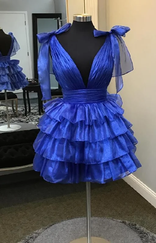 Bow Straps V-neck Short Homecoming Dress with Ruffle Skirt