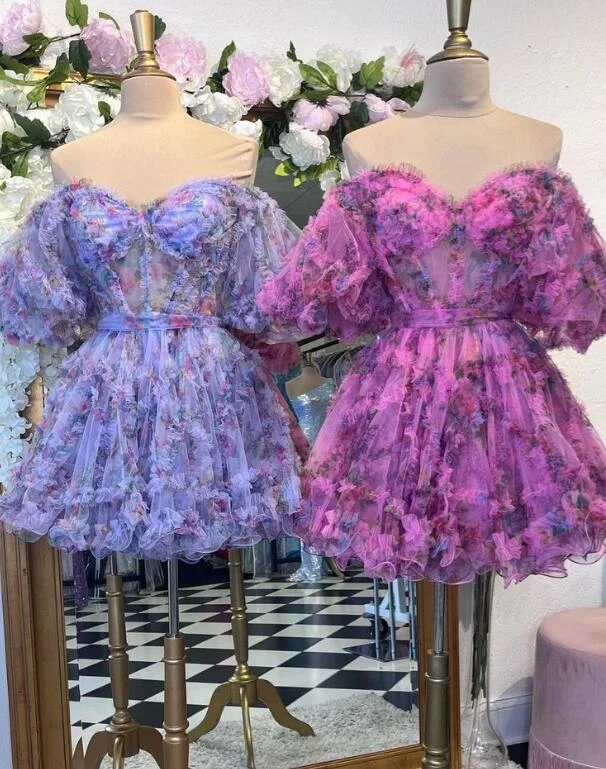 Printed Ruffled Short Homecoming Dress with Ballon Sleeves and Sheer Corset Bodice