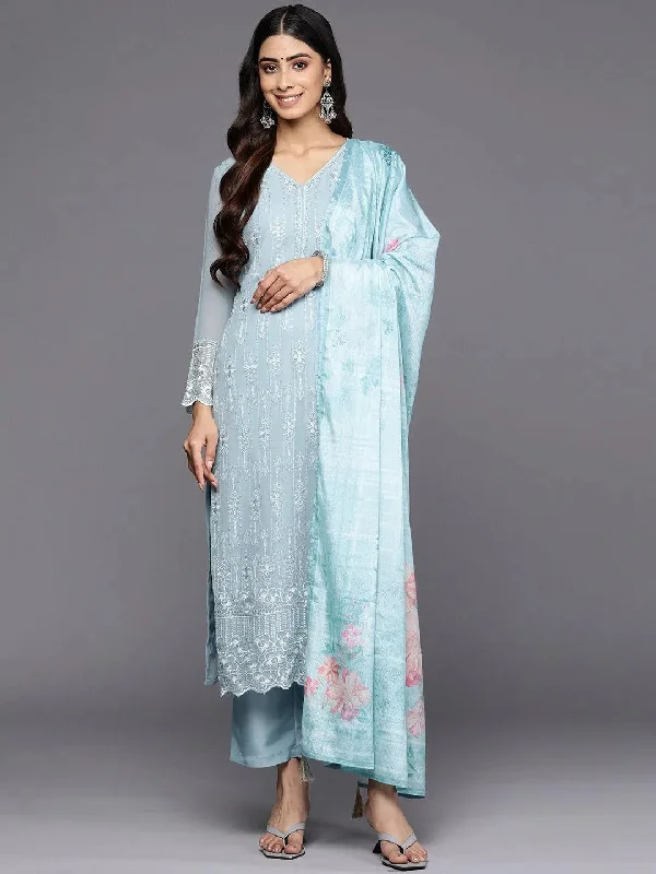 Blue Embroidered Georgette Straight Kurta With Trousers & Dupatta Trousers Designer Luxury Blue Embroidered Georgette Straight Kurta With Trousers & Dupatta Trousers Designer Luxury