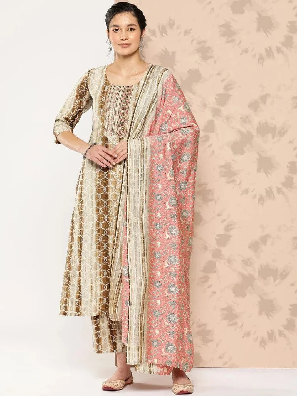 Brown Printed Silk Blend Straight Kurta With Trousers and Dupatta Trousers Leisure Comfortable Brown Printed Silk Blend Straight Kurta With Trousers and Dupatta Trousers Leisure Comfortable