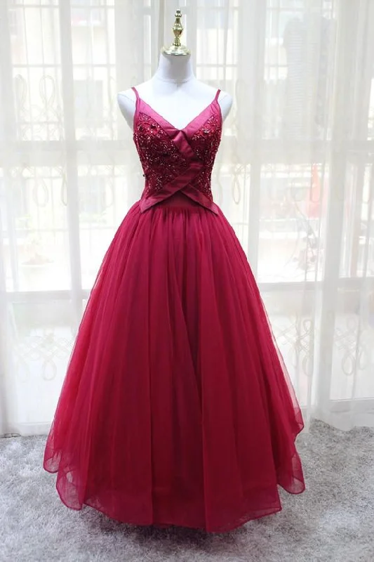 Wine Red Straps Tulle V-neckline Elegant Party Dress, Beautiful Prom Dress    cg19378