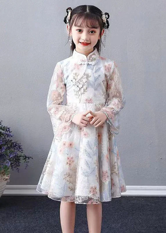 Chic White Embroideried Patchwork Hollow Out Tulle Girls Maxi Dress Long Sleeve