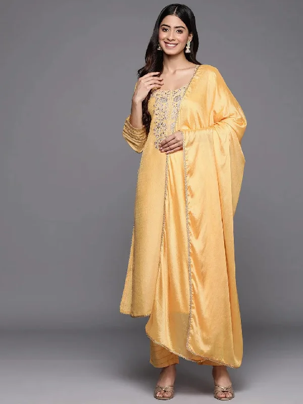 Yellow Yoke Design Silk Blend Straight Kurta With Trousers & Dupatta Trousers Formal Black Yellow Yoke Design Silk Blend Straight Kurta With Trousers & Dupatta Trousers Formal Black