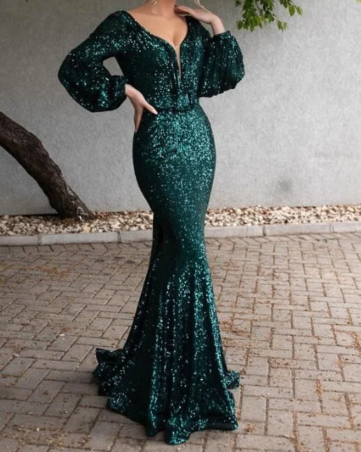 Sparkly Green Long Sleeve Evening Prom Dresses.Charming V-Neck Backless Mermaid Formal Evening Gowns cg19255 Sparkly Green Long Sleeve Evening Prom Dresses.Charming V-Neck Backless Mermaid Formal Evening Gowns cg19255
