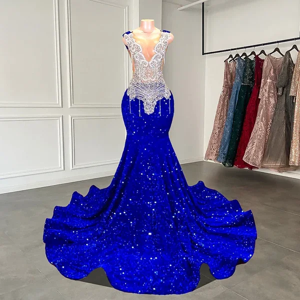 Sexy Mermaid Style Sheer Top Luxury Sparkly Silver Crystals Diamond Black Girls Royal Blue Long Prom Dresses 2024 Sexy Mermaid Style Sheer Top Luxury Sparkly Silver Crystals Diamond Black Girls Royal Blue Long Prom Dresses 2024