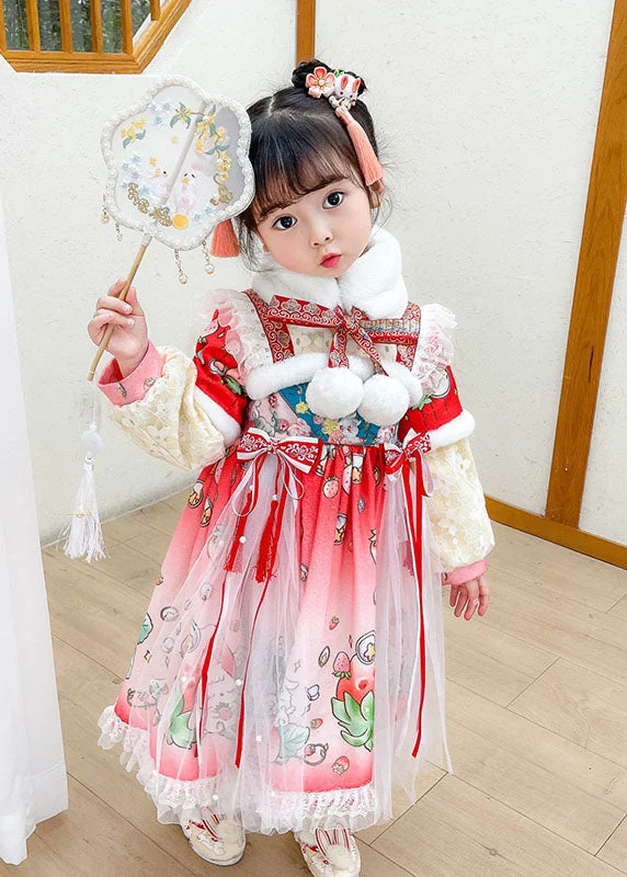 Lovely Steawberry Rabbit Print Patchwork Warm Fleece Kids Tulle Long Dress Long Sleeve Lovely Steawberry Rabbit Print Patchwork Warm Fleece Kids Tulle Long Dress Long Sleeve