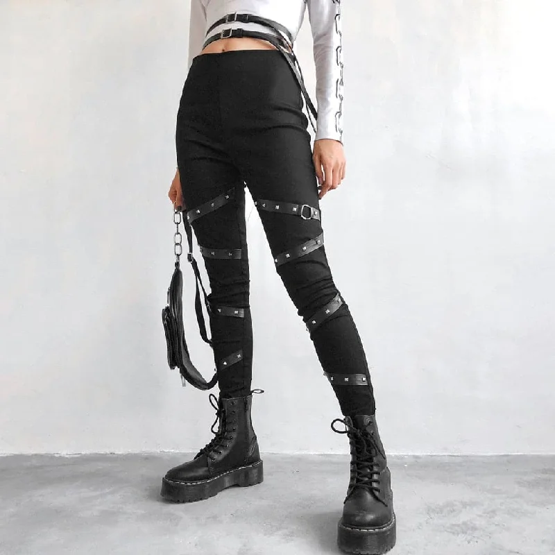 DressBetty - Women Pants Solid Gothic Punk Casual Loose Elastic Trousers Harajuku Pockets Rivet Full Pants Trousers Versatile Stylish DressBetty - Women Pants Solid Gothic Punk Casual Loose Elastic Trousers Harajuku Pockets Rivet Full Pants Trousers Versatile Stylish