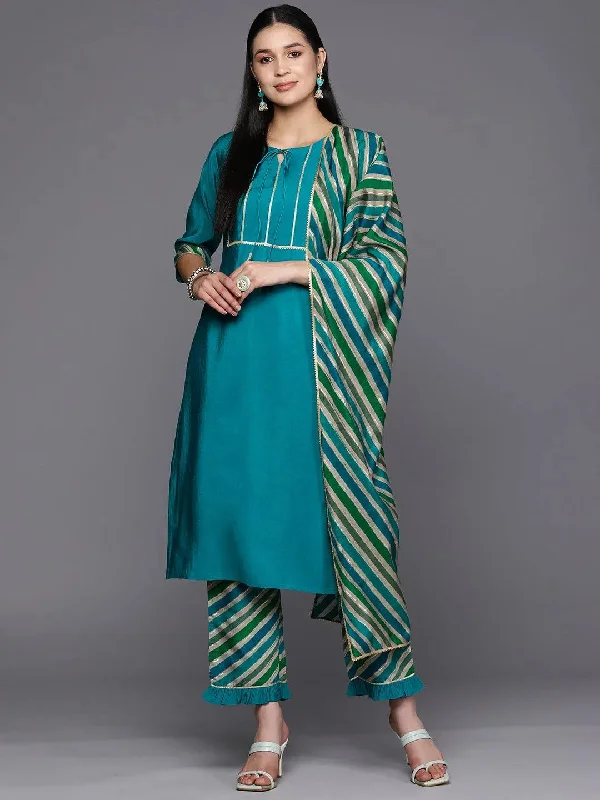 Blue Yoke Design Silk Blend Straight Kurta With Trousers & Dupatta Trousers Occasion Special Blue Yoke Design Silk Blend Straight Kurta With Trousers & Dupatta Trousers Occasion Special