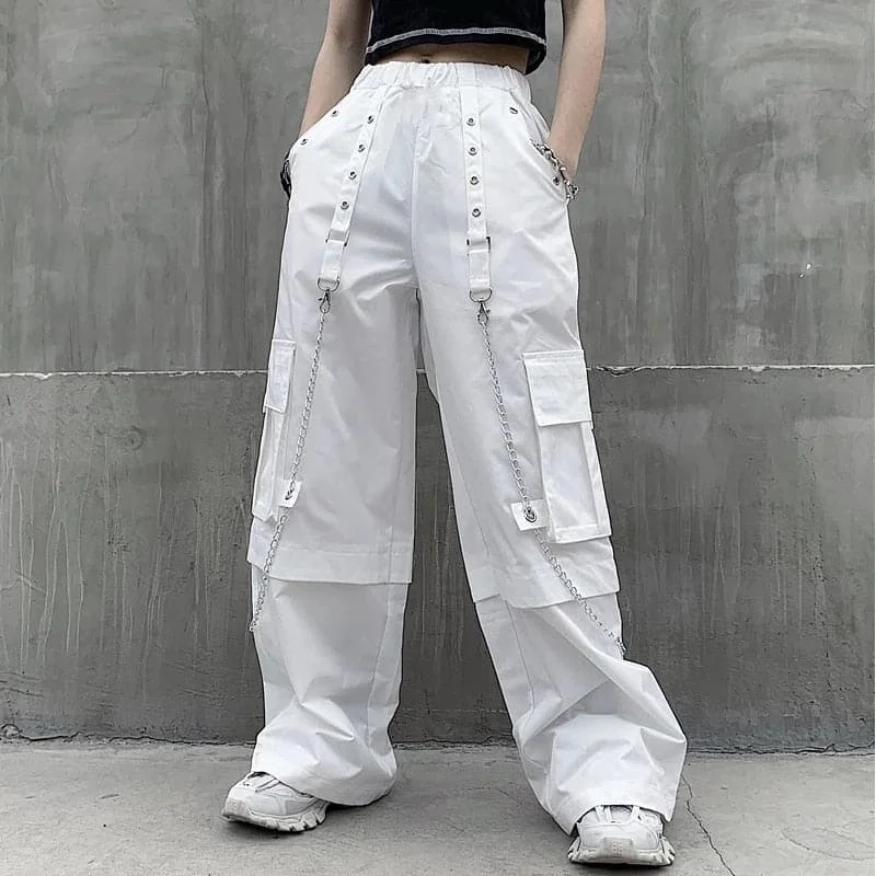 DressBetty - Mall Goth White Cargo Pants Women Gothic Harajuku Hippie Streetwear Chain Punk Loose Trouser Baggy Oversize Korean Style Trousers stylish modern DressBetty - Mall Goth White Cargo Pants Women Gothic Harajuku Hippie Streetwear Chain Punk Loose Trouser Baggy Oversize Korean Style Trousers stylish modern