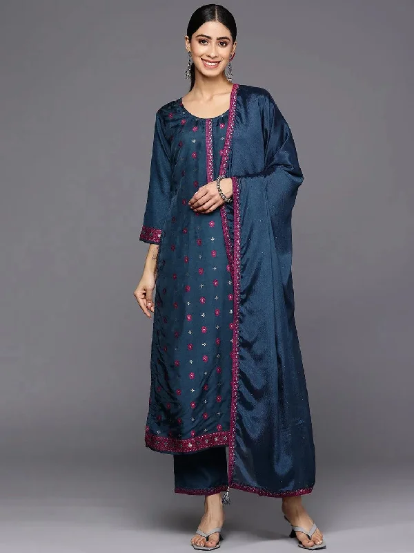 Navy Blue Self Design Silk Blend Straight Kurta With Trousers & Dupatta Trousers Ceremony Elegant Navy Blue Self Design Silk Blend Straight Kurta With Trousers & Dupatta Trousers Ceremony Elegant