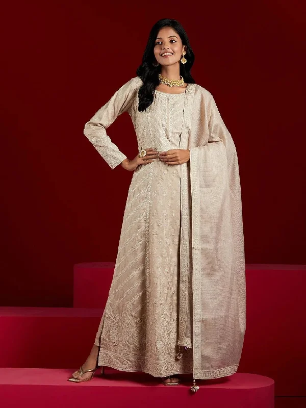 Libas Art Taupe Embroidered Silk A-Line Kurta With Trousers & Dupatta Trousers Flared Retro Libas Art Taupe Embroidered Silk A-Line Kurta With Trousers & Dupatta Trousers Flared Retro