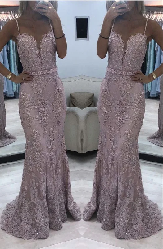 Elegant Mauve lace mermaid prom dresses sweetheart spaghetti straps    cg19636