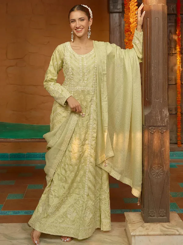 Libas Art Green Embroidered Silk A-Line Kurta With Trousers & Dupatta Trousers Tapered Slim Fit Libas Art Green Embroidered Silk A-Line Kurta With Trousers & Dupatta Trousers Tapered Slim Fit
