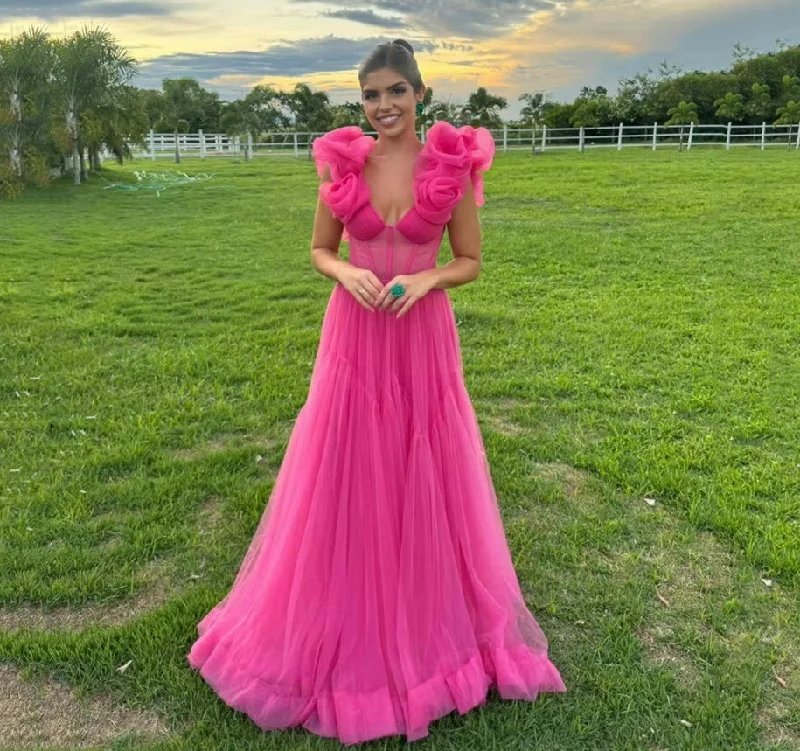Hot Pink V-Neck Tulle Flowers Prom Dresses A-Line Pleat Elegant Sexy Evening Dresses Sleeveless Wedding Guest Formal Dress