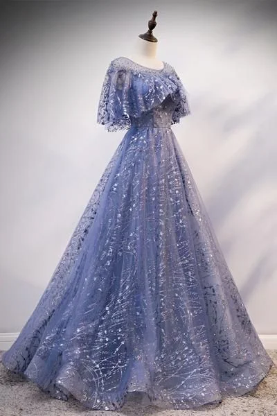 Blue Sequins Long Cap Sleeve Prom Dress, Formal Dress     cg19368