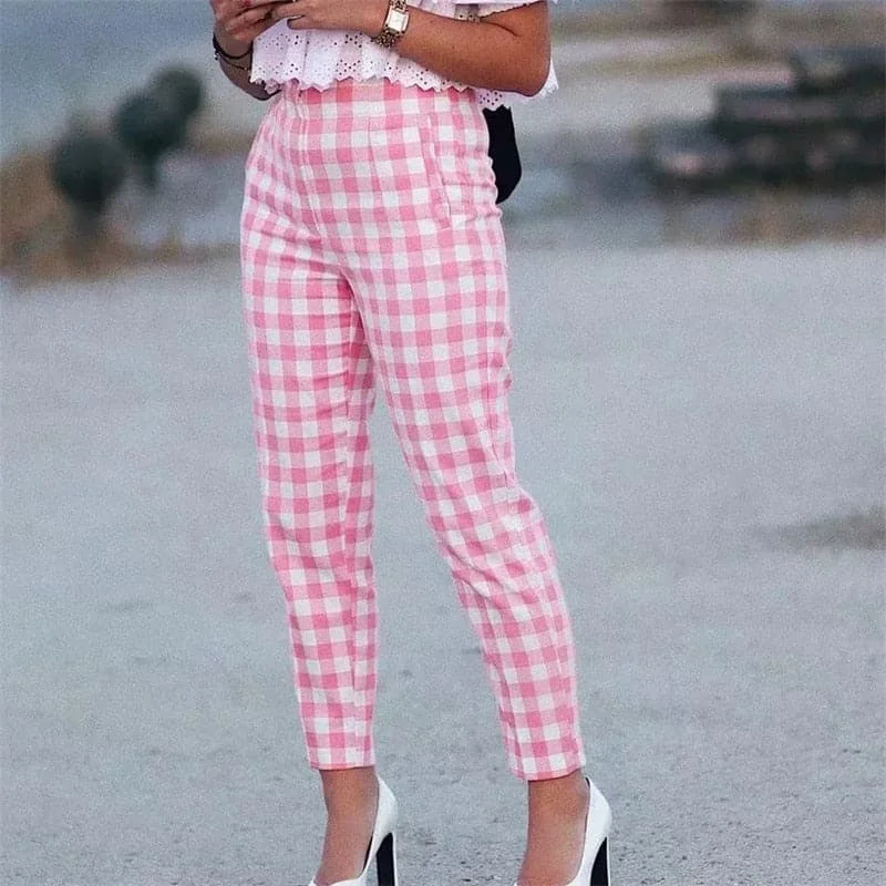 DressBetty - Office Lady Fashion Pink Plaid Suit Cotton Long Pants Women Summer Za High Waist Zipper Straight Chic Trousers Trousers fashionable trendy DressBetty - Office Lady Fashion Pink Plaid Suit Cotton Long Pants Women Summer Za High Waist Zipper Straight Chic Trousers Trousers fashionable trendy
