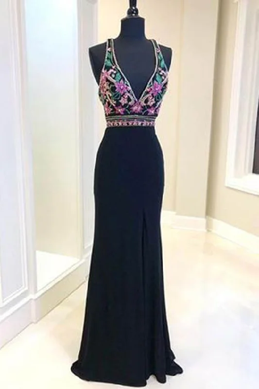 Black chiffon V neck long lace top mermaid evening dress, black long prom dress     cg19592