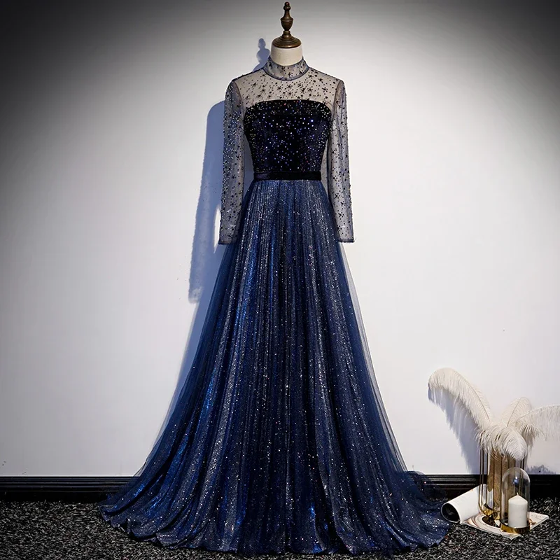 Navy Blue Long Sleeves Shiny Sparkle Long Evening Dress, Sequins Blue Wedding Party prom Dress   cg19682