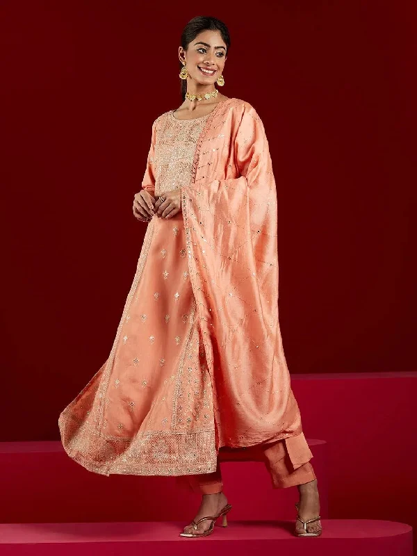 Libas Art Peach Embroidered Silk Blend A-Line Kurta With Trousers & Dupatta Trousers Solid Black Libas Art Peach Embroidered Silk Blend A-Line Kurta With Trousers & Dupatta Trousers Solid Black