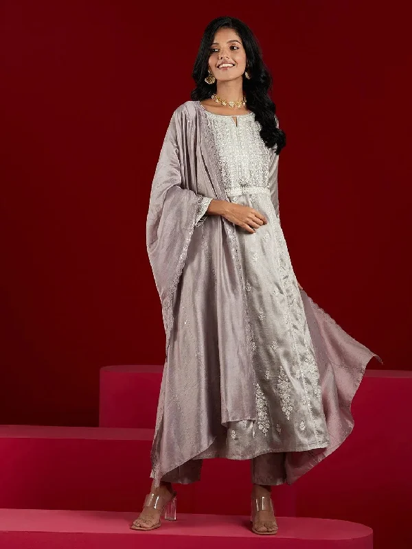 Libas Art Taupe Embroidered Silk Blend A-Line Kurta With Trousers & Dupatta Trousers Cargo pockets Libas Art Taupe Embroidered Silk Blend A-Line Kurta With Trousers & Dupatta Trousers Cargo pockets