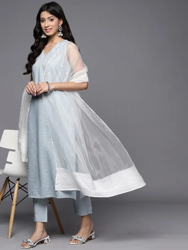 Women Powder Blue Floral Embroidered Kurta with Trousers & With Dupatta Trousers Floral Bohemian Women Powder Blue Floral Embroidered Kurta with Trousers & With Dupatta Trousers Floral Bohemian