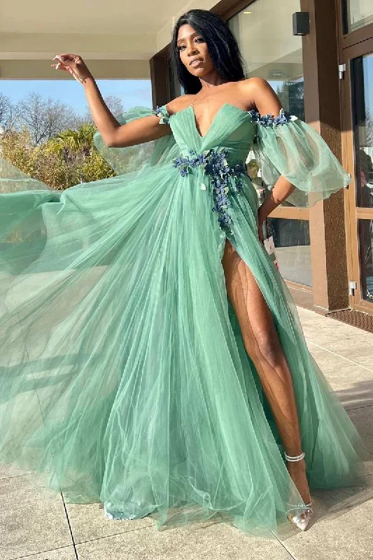 A-Line Off-the-Shoulder Green Tulle 3D Floral Lace Long Prom Dress JKW124