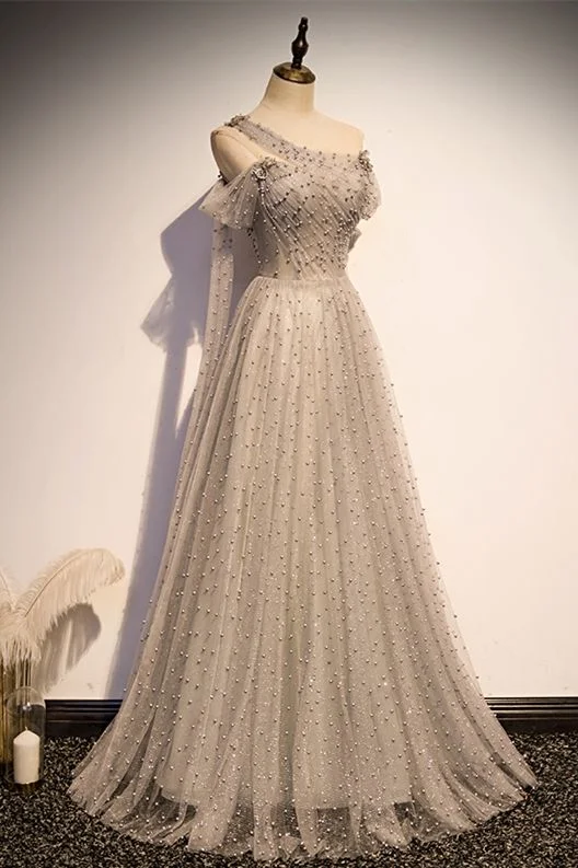 one shoulder grey tulle and pearls long formal prom dress graduaiton dress 2021 cg19393 one shoulder grey tulle and pearls long formal prom dress graduaiton dress 2021 cg19393