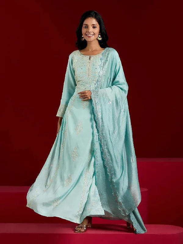 Libas Art Sea Green Embroidered Silk Blend A-Line Kurta With Trousers & Dupatta Trousers Low Rise Relaxed Libas Art Sea Green Embroidered Silk Blend A-Line Kurta With Trousers & Dupatta Trousers Low Rise Relaxed