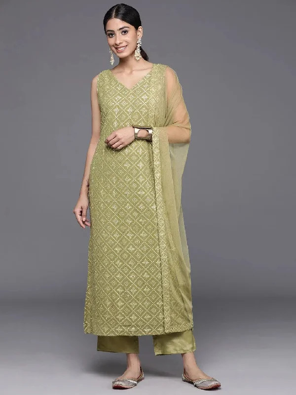Olive Embroidered Georgette Straight Kurta With Trousers & Dupatta High Waist Slim Fit Ankle Length Olive Embroidered Georgette Straight Kurta With Trousers & Dupatta High Waist Slim Fit Ankle Length