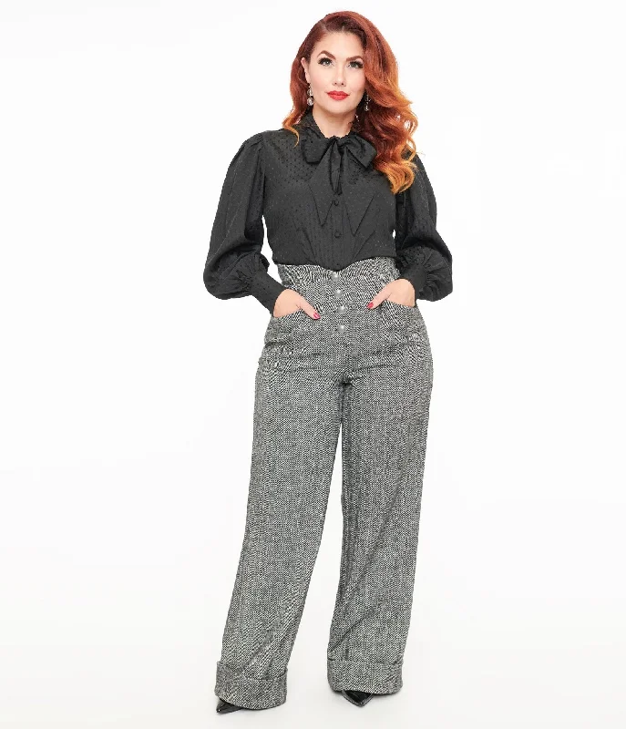 Unique Vintage 1940s Grey Herringbone Buttoned Wide Leg Trousers Trousers Fleece Cozy Unique Vintage 1940s Grey Herringbone Buttoned Wide Leg Trousers Trousers Fleece Cozy