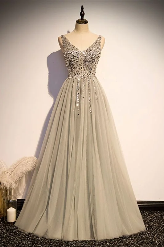 grey tulle long party prom dress with v neck and silver sequins beaded bodice cg19392 grey tulle long party prom dress with v neck and silver sequins beaded bodice cg19392