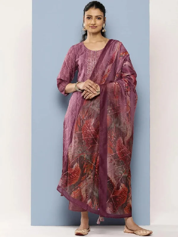 Purple Embroidered Silk Blend Straight Kurta With Trousers & Dupatta Trousers versatile all-occasion Purple Embroidered Silk Blend Straight Kurta With Trousers & Dupatta Trousers versatile all-occasion