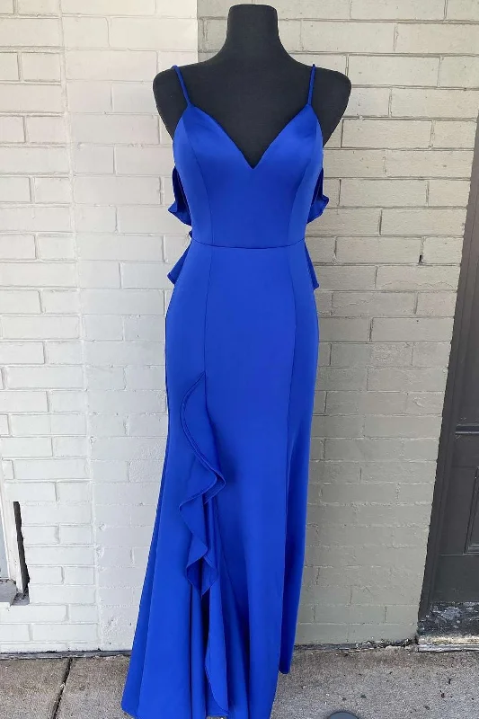 Royal Blue V-Neck Backless Ruffles Maxi Dress