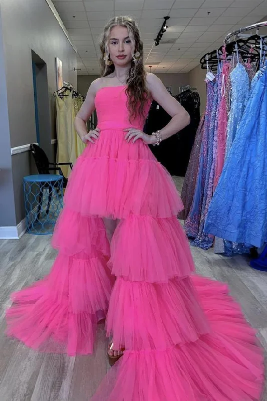 Stylish tulle high low prom dress pink evening dress    cg19609
