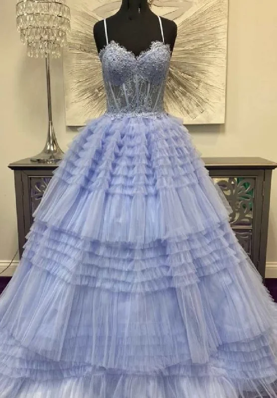 A-Line Spaghetti Straps Layered Lace Long Prom Dress Gorgeous Frill Layered Gown JKSS03