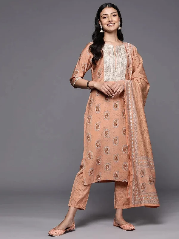 Peach Yoke Design Silk Blend Straight Kurta With Trousers & Dupatta Trousers Denim Blue