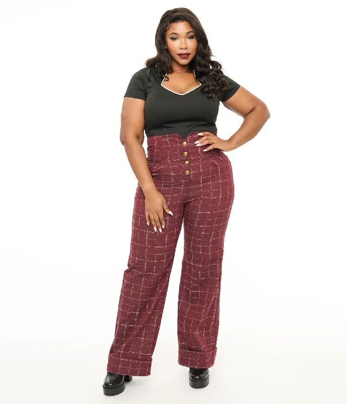 Unique Vintage Plus Size 1940s Burgundy Windowpane Buttoned Wide Leg Trousers Trousers Lace Delicate Unique Vintage Plus Size 1940s Burgundy Windowpane Buttoned Wide Leg Trousers Trousers Lace Delicate