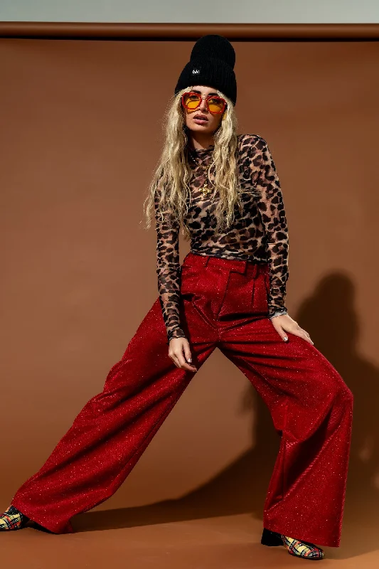 To The Disco Sparkle Wide Leg Trousers in Ruby Red Wide Leg Loose Fit Mid Waist