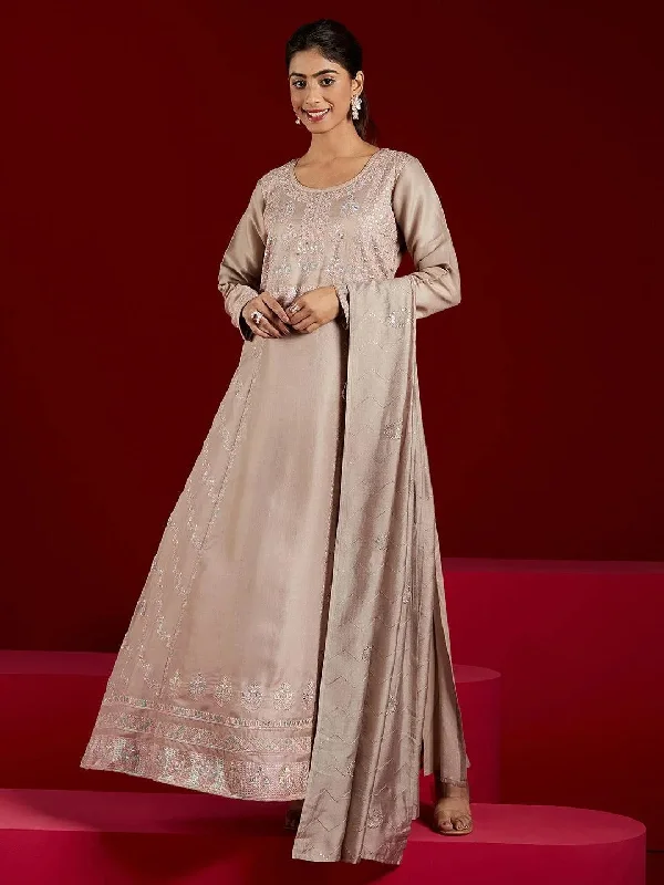 Libas Art Taupe Embroidered Silk Blend A-Line Kurta With Trousers & Dupatta Trousers Striped Patterned Libas Art Taupe Embroidered Silk Blend A-Line Kurta With Trousers & Dupatta Trousers Striped Patterned